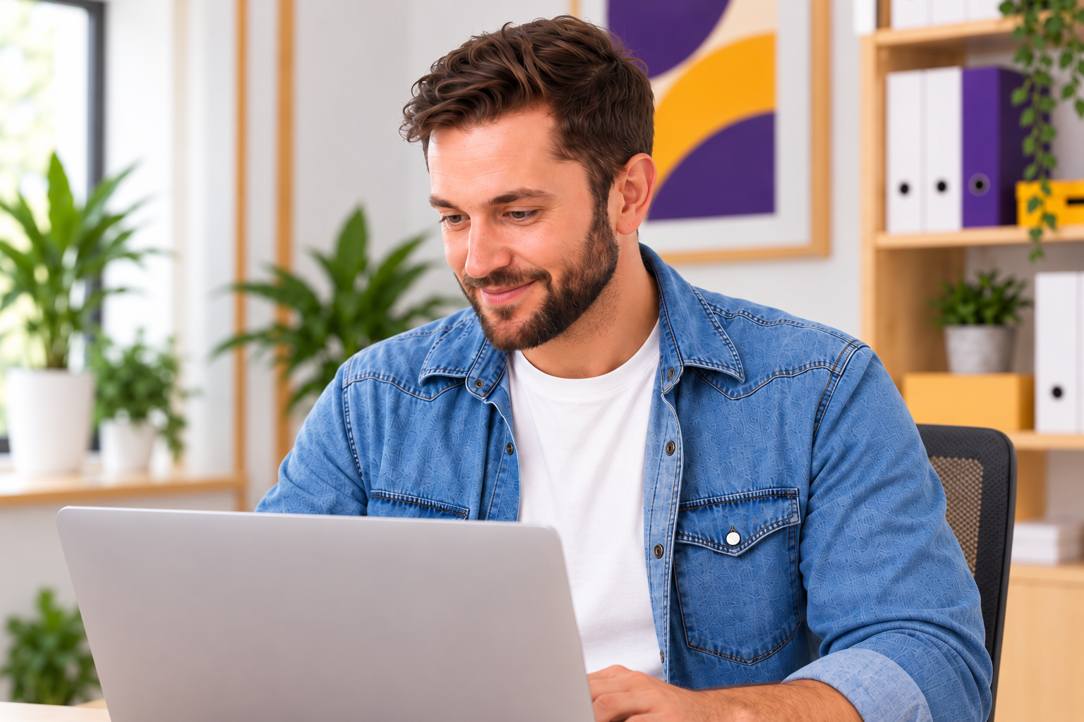 Homme souriant assis à son bureau, travaillant sur un ordinateur portable