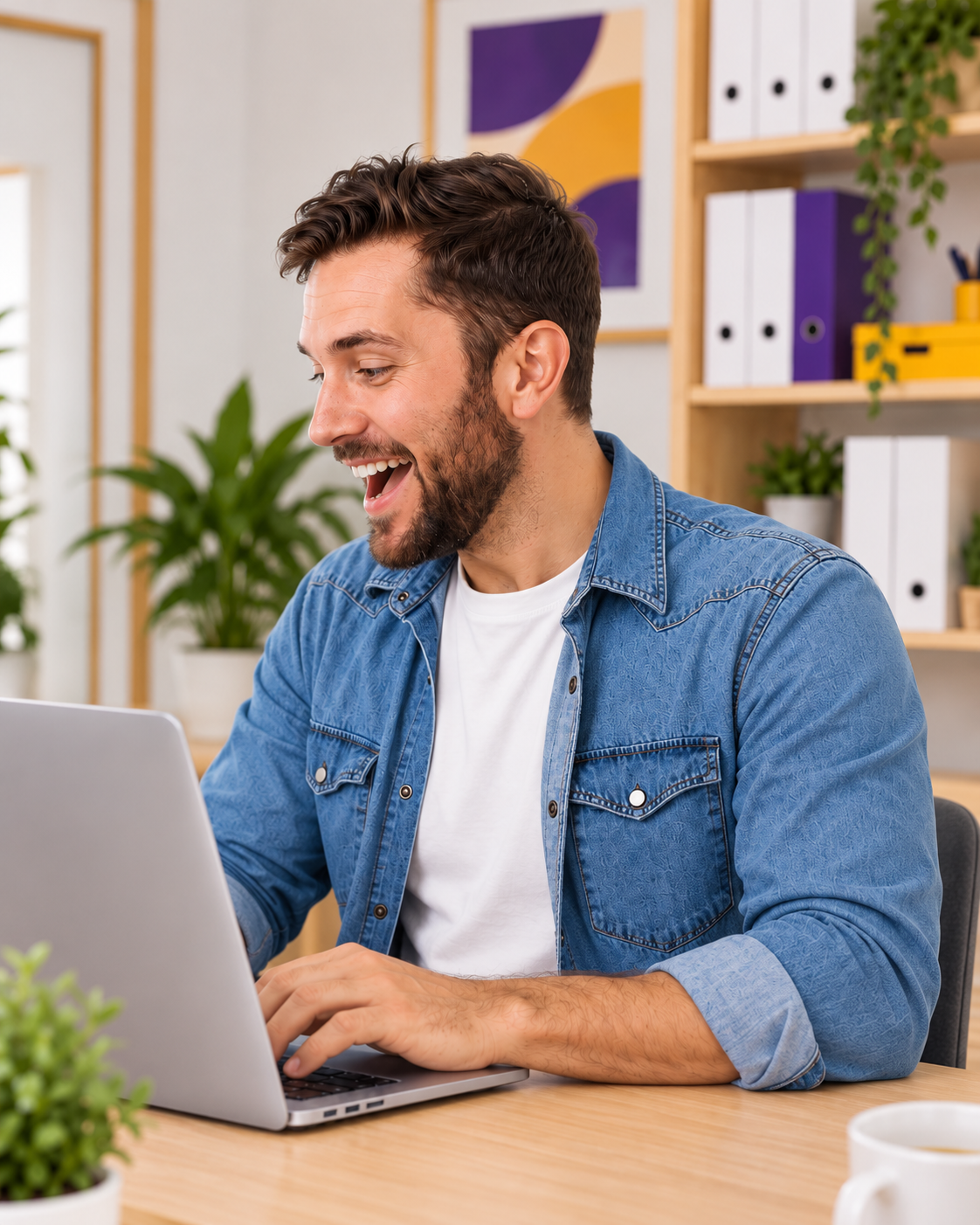 Gestionnaire d'agence enthousiaste devant son ordinateur portable, au bureau