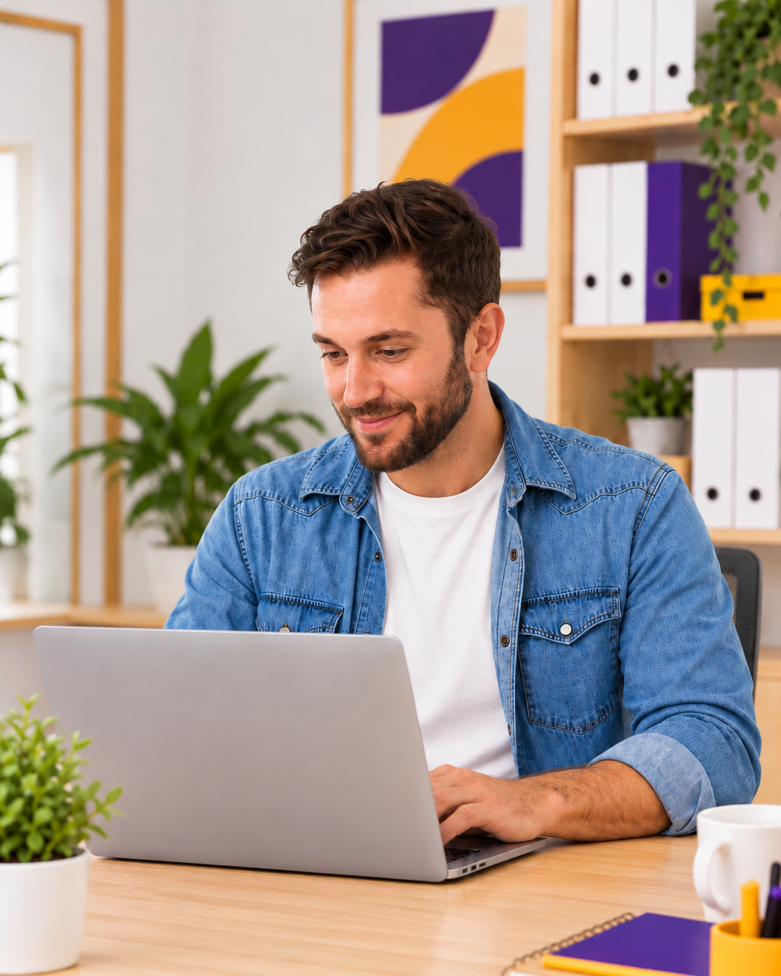 Gérant d'agence découvrant un article du blog Wooli sur son ordinateur portable