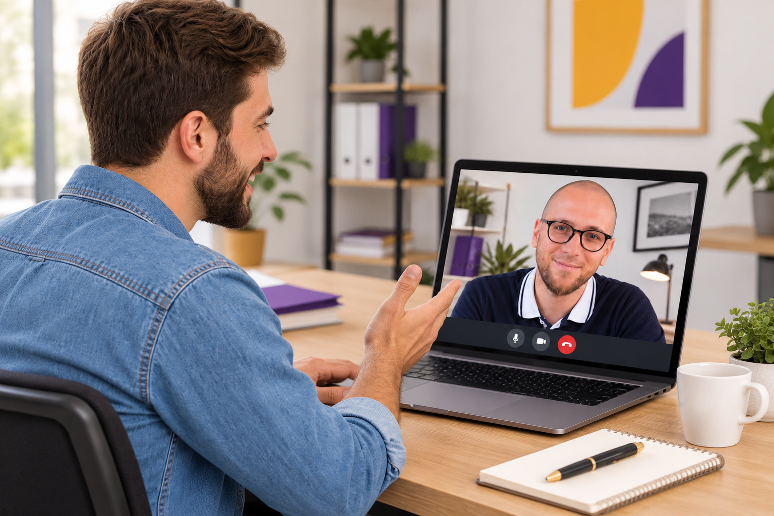 Un gestionnaire Wooli en appel vidéo avec un client depuis son bureau