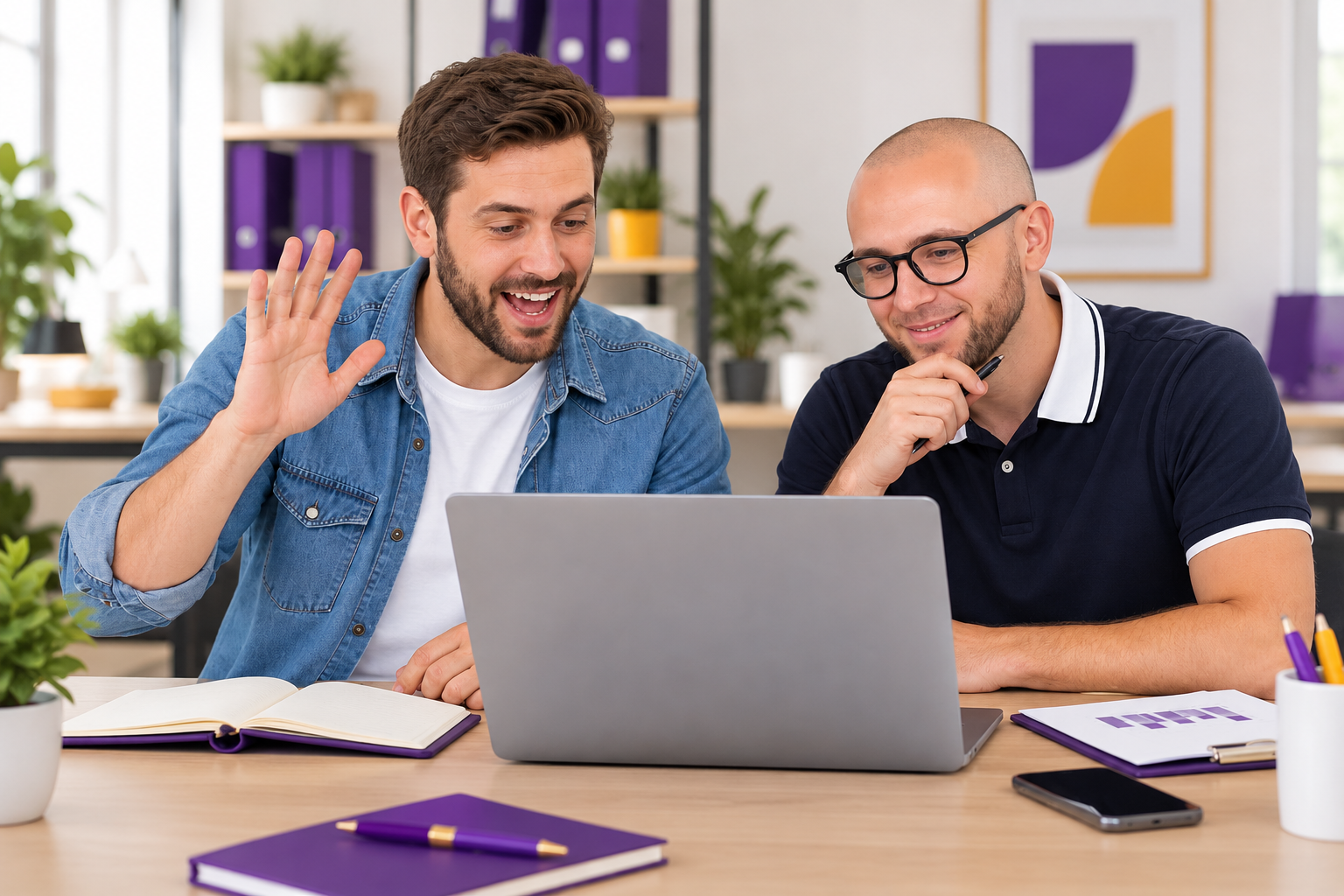 Deux dirigeants devant un ordinateur portable, l'un levant la main en souriant, dans le bureau de Wooli